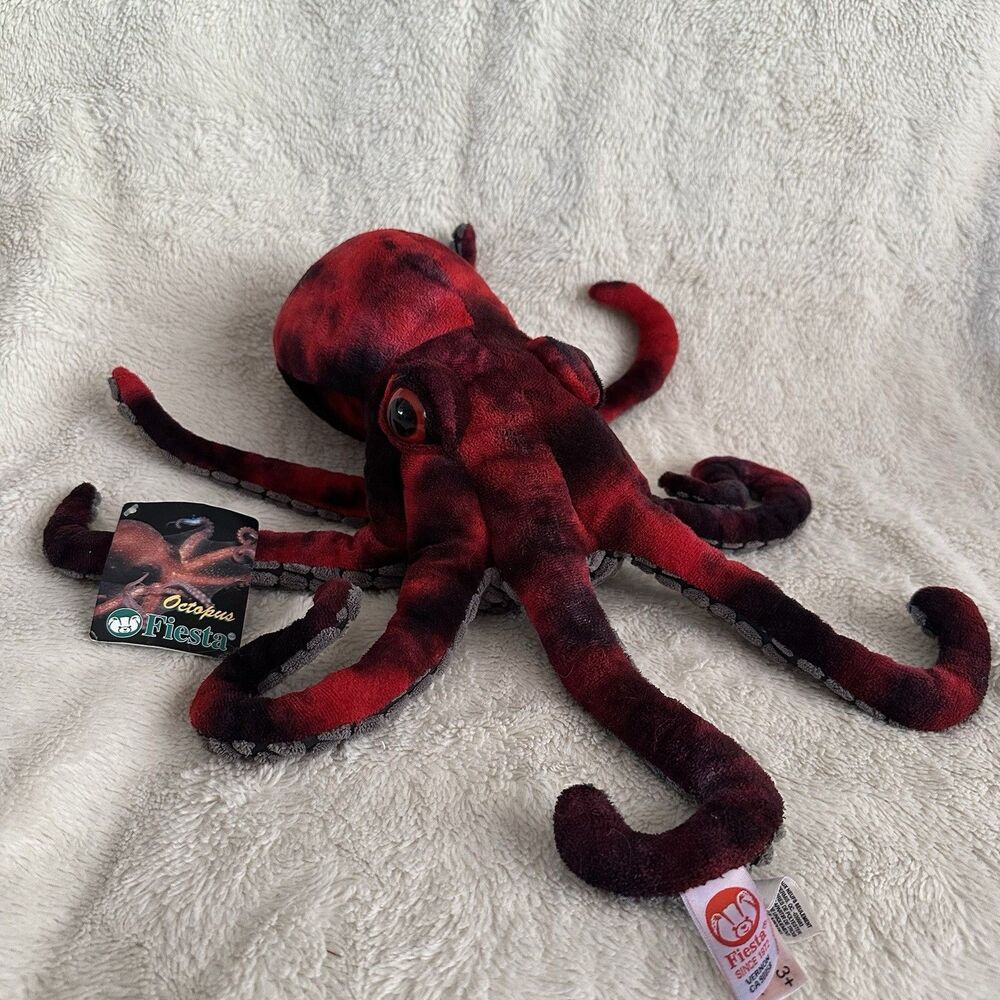 Fiesta Red & Black Octopus 12” Plush Gray Textured Underside Lifelike Realistic